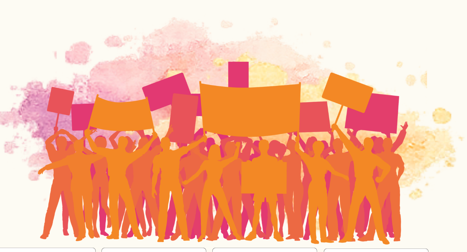 Semi-abstract people on a demo with placards held up high, in fiery colours.
